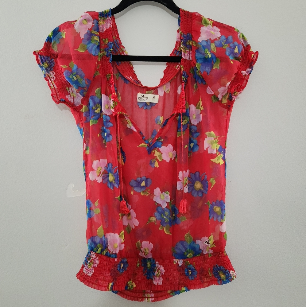 Hollister Red Floral Sheer Blouse